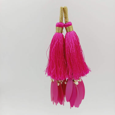 Fuchsia Pink Tassels With Long Sequins And Seed Pearl Beads, Beaded Thread Tassel Charms, 2 Pcs